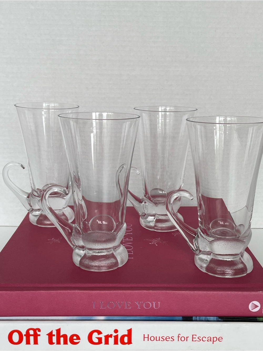 Vintage Set of 4 Clear Glass Irish & Spanish Coffee Mugs Flared Footed Cups